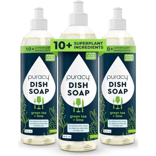 Puracy Natural Dish Soap - Skin-Softening Plant-Based Dishwashing Soap, Non-Toxic Dish Soap, Organic Liquid Dishwashing Detergent Soap (Green Tea & Lime, 16 fl oz, 3 Pack)