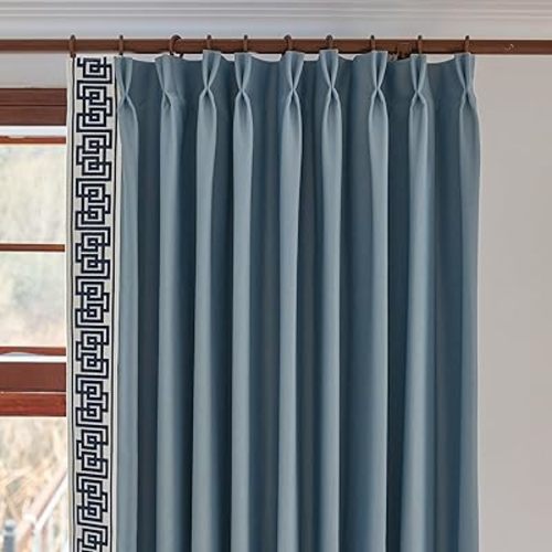 Blue Pinch Pleat Drapes with Greek Key Trim, Room Darking Luxury Window Curtains for Home (50‘’W x 96‘’L(2 Panels))