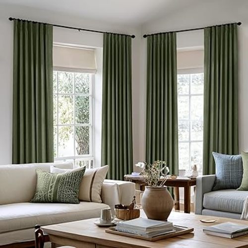 MIULEE Olive Green Pinch Pleated 100% Blackout Linen Curtains for Bedroom, Room Darkening Dark Green Window Curtains 63 inches Long for Living Room, Black Out Pleat Drapes with Pin Hooks, 2 Panels