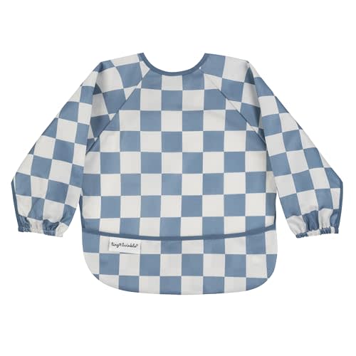 Tiny Twinkle Mess Proof Baby Bib|Waterproof Smock Bib for Eating,Machine Washable Full Sleeve with Pocket(Checkers Blue, Small 6-24 Months)