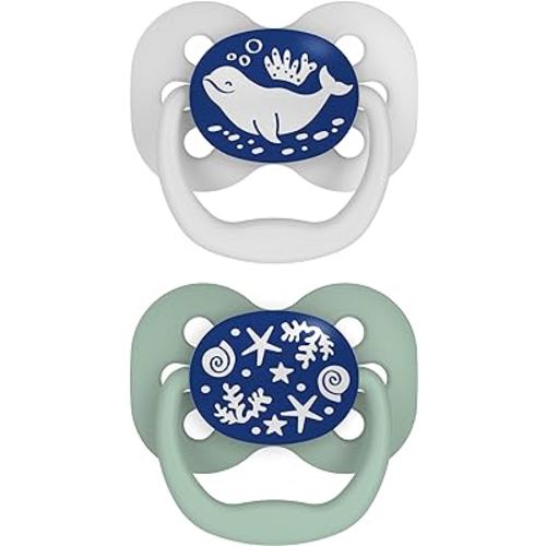 Dr. Brown's Advantage Glow-in-the-Dark Baby Pacifier, Fully Symmetrical Soother with Soft Silicone Bulb, 0-6m, BPA Free, Blue Ocean, 2 Pack (Style May Vary)