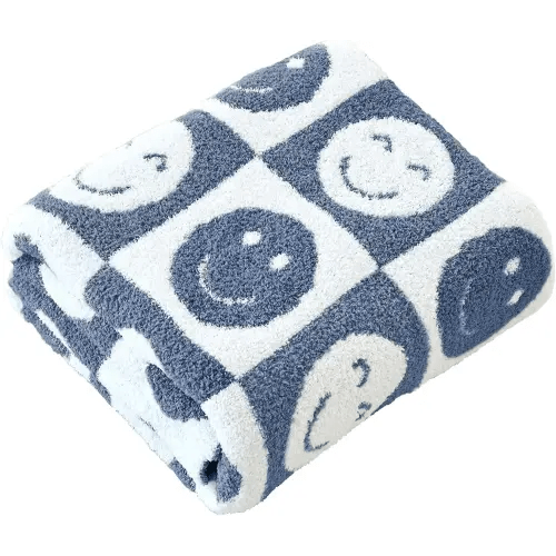 Ultra Soft Cozy Happy Smiling Face Checkered Knitted Baby Blanket Fluffy Microfiber Checkerboard Bed Blanket Lightweight Both Sides Blanket for Couch Sofa Bed (Smile Blue, Baby 30"x40")