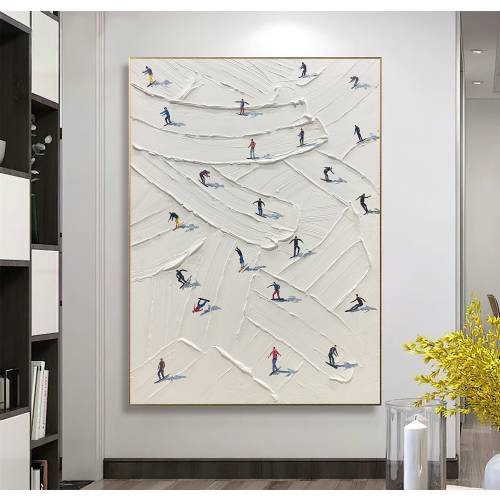 Original Ski Sport Painting on Canvas Custom Painting Texture Wall Art Personalized Gift Skier on Snowy Mountain Art White Snow Skiing Art