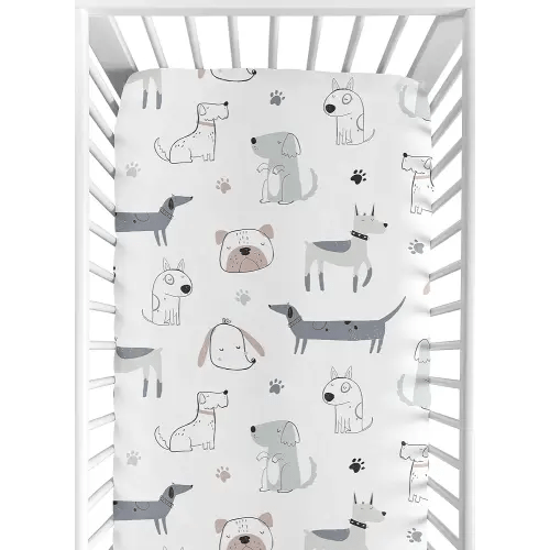 Sweet Jojo Designs Dog Boy Baby Fitted Crib Sheet Infant Newborn Nursery Toddler Bed Room Standard Mattress Neutral Grey Taupe Blue Modern Puppy Pet Watercolor Puppies Bulldog Wiener Doggy Paw Print