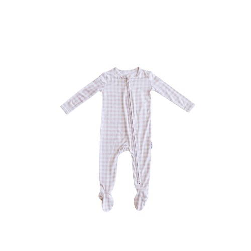Baby Gingham Footed Double Zipper Pajamas, 6-12M, Peach