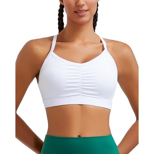 RUNNING GIRL Sports Bra for Women Ruched V Neck - Y Back Spaghetti Thin Strap Wireless Padded Medium Support Yoga Crop Top