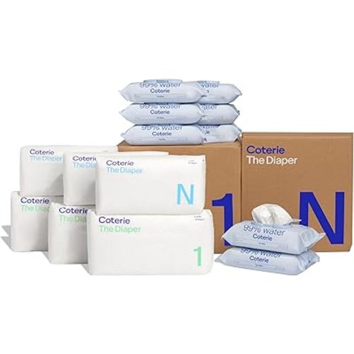 Coterie Baby Diapers + Wipes Baby Kit, Size 1 (99 Count) Size Newborn (93 Count) 8 Wipe Packs (448 Count) Made with Plant-Based Fibers, Hypoallergenic, Designed for Sensitive Skin, Clean Ingredients