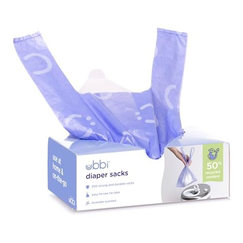 Ubbi Disposable Diaper Sacks, Lavender Scented, Easy-To-Tie Tabs, Diaper Disposal or Pet Waste Bags, 200 Count