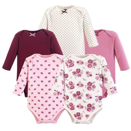 Hudson Baby Infant Girl Cotton Long-Sleeve Bodysuits 5pk, Rose, Size: 6-9 months