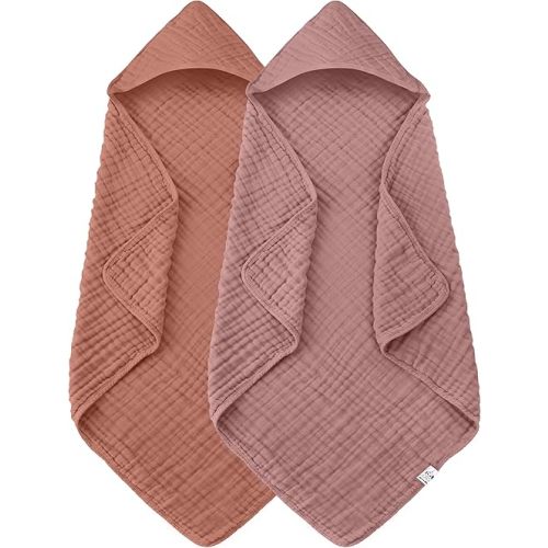 2 Pack Hooded Baby Towels - 100% Muslin Cotton for Newborns, Infants, Toddlers - Large 32x32 Inch Size - Highly Absorbent and Essential for Newborn Care, Deep Bean Paste