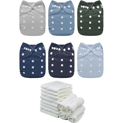 ALVABABY Baby Cloth Diaper 6 Pack with 12 Inserts One Size Cloth Diaper Covers Adjustable Washable Reusable for Baby Girls and Boys 6BM111