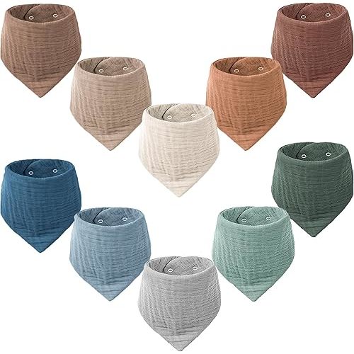Konssy Muslin Baby Bibs 10 Pack Baby Bandana Drool Bibs 100% Cotton for Unisex Boys Girls, 10 Solid Colors Set for Teething Drooling