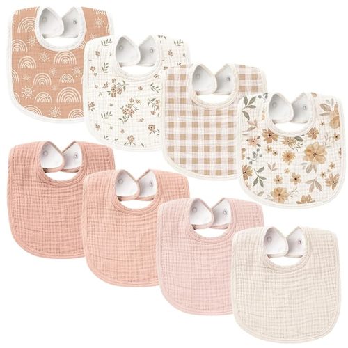 Konssy Muslin Baby Bibs 8 Pack Baby Bandana Drool Bibs Cotton for Unisex Boys Girls, 8 Solid Colors Set for Teething Drooling - Floral