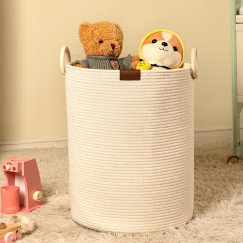 Morsha White Woven Laundry Hamper basket with Wooden Handles, Decorative Storage Bin, kids hamper, basket for gifts– Ideal Gift for Mother`s day, New Home, Wedding, Baby Shower – 58L (1 Pack)