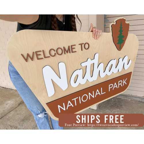 National park name sign, large wood name sign, nursery name sign, outdoorsy nursery, above crib cut out, layered baby name sign, granola