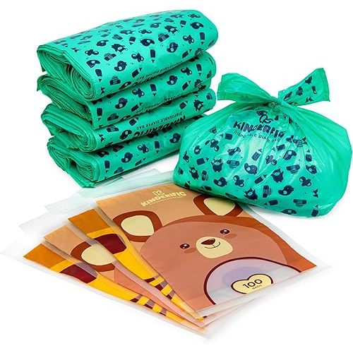 Disposable Diaper Bags, by Kinderific, Nappy Bags, Fresh Scent, Packed in 4 Resealable Ziploc Bags, Perfect Waste Bag for Dog Poop, Easy Tie Sack, 400 Bags