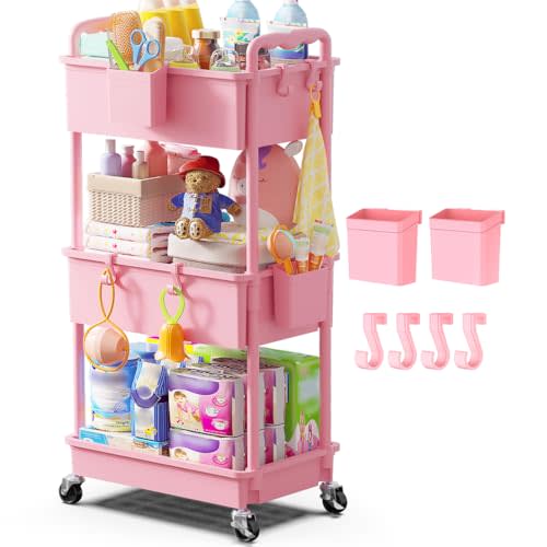 Goovilla Diaper Cart with Lockable Wheels and Easy Assembly, 3 Tier Pink Rolling Cart for Baby Nursery Storage, Sturdy Ample Diaper Caddy Organizer for Baby Girl, Boy, New Mom, Newborn Essentials