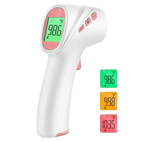 No-Touch Forehead Thermometer, Infrared Digital Thermometer for Adults, Kids & Babies, LCD Backlight Display, Fever Alarm and 1s Instant Reading - Pink