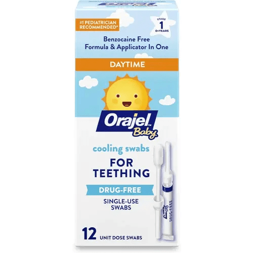 Orajel Baby Daytime Cooling Swabs for Teething, Drug-Free, 1 Pediatrician Recommended Brand for Teething*, 12 Swabs (Packing May Vary)