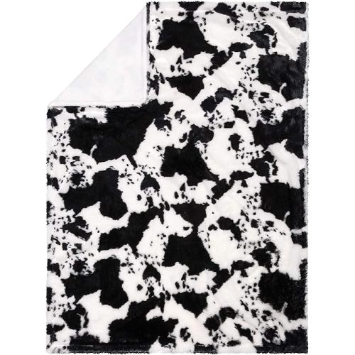 Cow Print Plush Baby Blanket-Cow Print Plush, White Back, Black, White, 30 in x 40 in