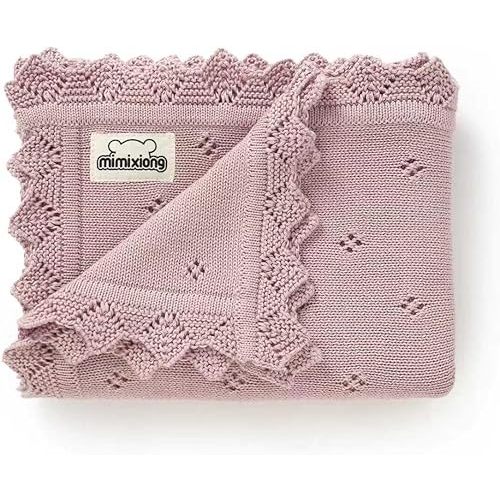 mimixiong Cotton Baby Blanket Knitted Crochet Receiving Crib Nursery Swaddling Blankets for Newborn Baby Boy Girl with The Bunny Rattle (Dreamy Lilac)