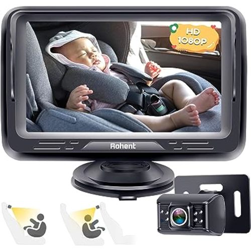 Baby Car Camera Ease Installation: Eye Protection Clear Night Vision 360° Rotation Stability Backseat Camera for 2 Kids HD 1080P Car Baby Monitor with Infant Carseat Camera Rear Facing -Rohent N06