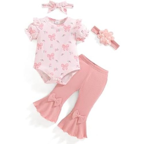 Vibebox Baby Girl Clothes Newborn Preemie Summer Outfits Short Sleeve Ruffle Romper Tops Bell Bottoms Pant Sets with Headband