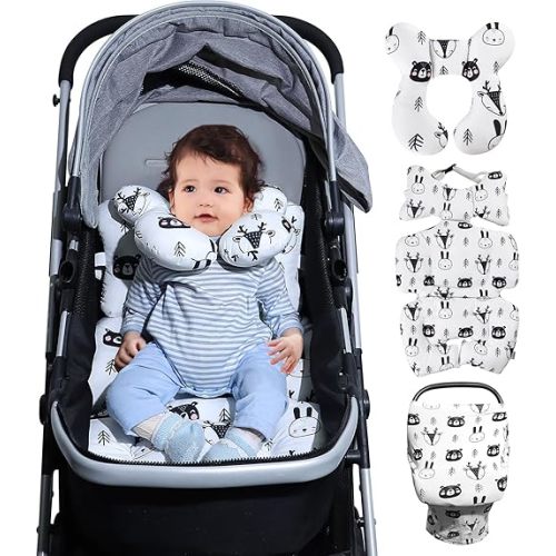 KAKIBLIN Baby Neck Pillow, Stroller Infant Insert, Car Seat Covers for Babies Baby Travel Set for Boys Girls, Perfect for Car Seats, Strollers, Swings (Black Bear)