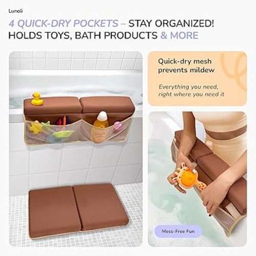 Baby Bath Kneeler and Elbow Rest Pad Set – 1.8″ Thick 2025 Color of the Year Mocha Mousse Memory Foam Kneeling Pad & Elbow Cushion with 6 Suction Cups, 4 Mesh Pockets, Waterproof & Machine Washable