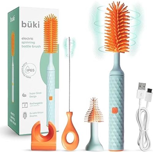 Büki Electric Baby Bottle Cleaning Brush Set - Rechargeable Electric Bottle Brush with Straw Cleaner - Water Bottle Cleaning Kit, Nipple Brush, 1200mAh Brush Cleaner (by Kindersense)