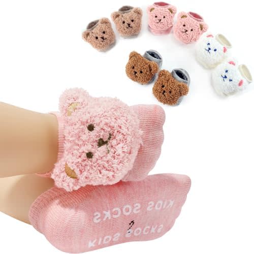 SAOROPEB Baby Socks with Non-Slip Grips, 4 Pairs Low Cut Ankle Socks for Baby Girls Newborn Infant 0-12 Months