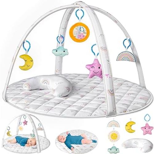 Baby Play Mat, Fabutendus Tummy Time Mat with 1 Moon Pillow and 5 Detachable Toys for Stage-Based Sensory and Motor Skill Development, Easy to Clean & Easy to Install & Portable