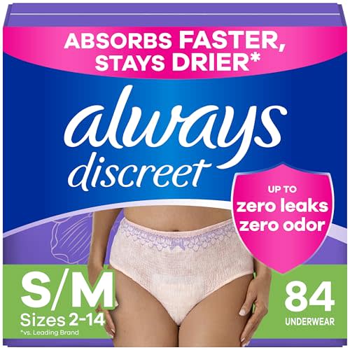 Always Discreet Adult Incontinence Underwear for Women and Postpartum Underwear, S/M, Up to 100% Bladder Leak Protection, 84 Count (Packaging May Vary)