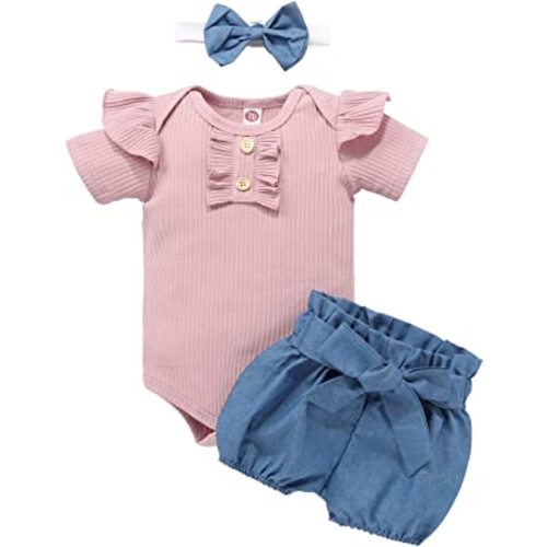 EQSJIU Newborn Infant Baby Girl Spring Summer Clothes Full Set Onesie Pants Bow Headband Outfits Ruffle Sleeve 0-24 Months
