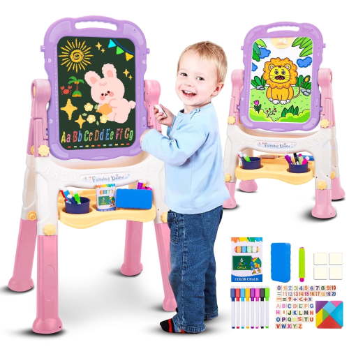 XUEYU Easel for Kids, Adjustable Standing Art Easel for Toddler, Double Magnetic White Board & Chalkboard Drawing Board with Painting Accessories, Birthday Christmas Gift Toddlers Boys and Girls