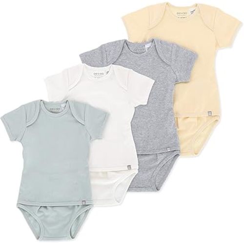 OETEO GOTS Certified Organic Cotton Easy-to-Wear No Snaps Baby Bodysuits - Adaptive Gtube Short Sleeve One-Pieces Pack - Green 4 Piece Set - 3-6 Months