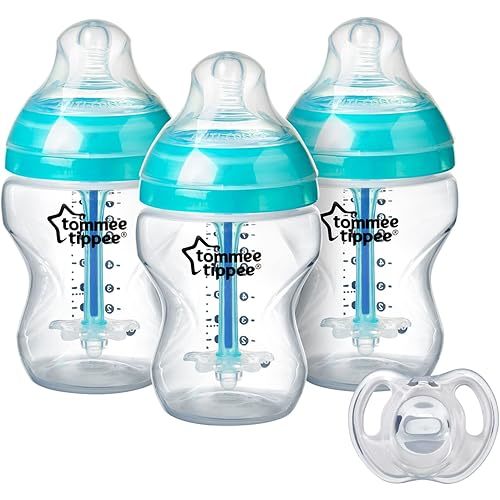 Tommee Tippee Advanced Anti-Colic Bottle Starter Set | 3X 9oz Bottles, Breast-Like Nipples, Unique Anti-Colic Vent | 0-6m Ultra-Light Silicone Pacifier