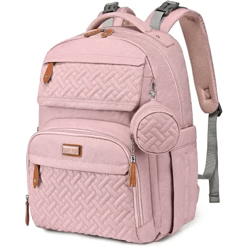 BabbleRoo Diaper Bag Backpack, Travel Backpack with Changing Pad, Pacifier Case & Stroller Straps, Multifunction, Waterproof, Unisex – Pink
