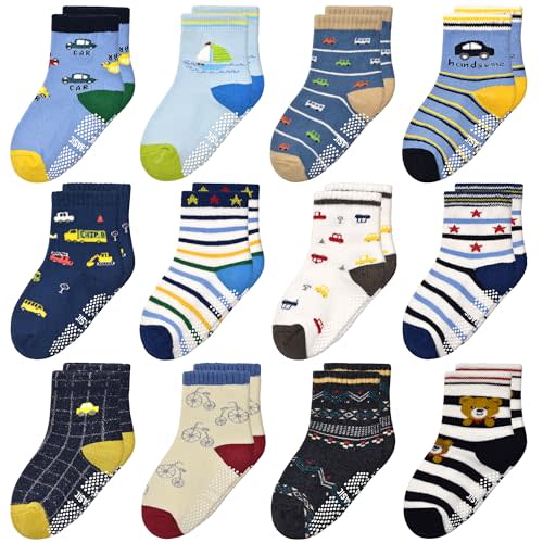 Tphon Non Slip Kids Toddler Socks with Gripper 12 Pairs Anti Skid Boys Girls Socks for Baby Socks for 1-7 Year Children