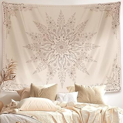 Damanse Floral Tapestry Wall Hanging Cute,Boho Wall Tapestry for Bedroom Aesthetic,Mandala Living Room Decor for Teen Girls (Flaxen, 70.9"x90.6")