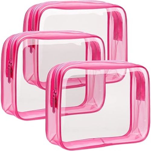 F-color TSA Approved Toiletry Bag 3 Pack Clear Travel Bags for Toiletries Clear Makeup Bags for Women, Clear Toiletry bags Quart Size Clear Cosmetic Bag,Matte Rose Red