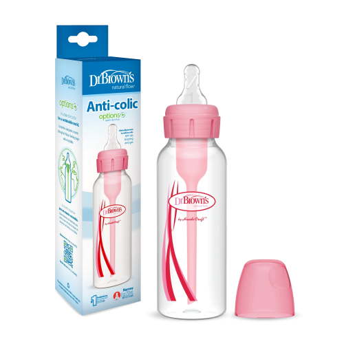 Dr. Browns Natural Flow Anti-Colic Options+ Narrow Baby Bottle, Pink, 8oz, Slow Flow, 0m+, 1 Pack
