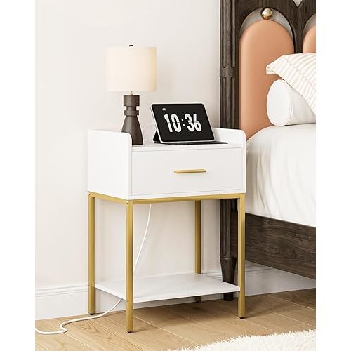 Nightstand with Charging Station,Bedside Table with Drawer and 2 Shelf Storage, Small Side Table, Modern White Night Stand, Tall End Table for Bedroom, Living Room (White-Gold Legs)