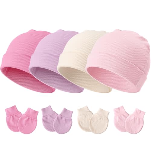 DRESHOW BQUBO Baby Newborn Hats with Scratch Mittens for Unisex Preemie Newborn Hats Hospital Hat for Boys Girls 0-6 Months