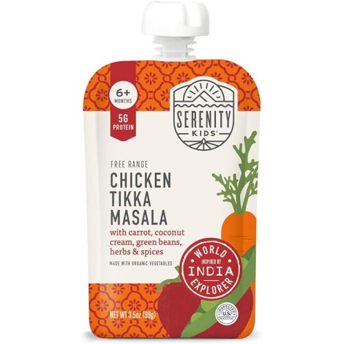 Serenity Kids 6+ Months World Explorers Chicken Tikka Masala Baby Food Pouches - Puree with Ethically Sourced Meats & Organic Veggies - 3.5 Ounce BPA-Free - 12 Count