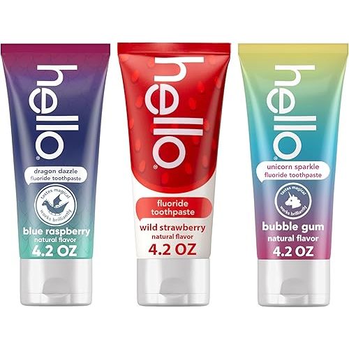 hello Kids Fluoride Toothpaste Variety Pack, Includes a Strawberry, Unicorn Bubble Gum, and Blue Raspberry Toothpaste, Safe for Ages 2 and Up, 3 Pack, 4.2 Oz Each