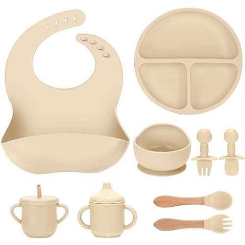 Silicone Baby Feeding Set 9 Pcs, Spill-Proof Suction Plate, Bowl, Bib, Silicone spoon&forks, Wooden Spoons&forks, Training cup with straw and Sippy Cup, Baby Eating Utensils (Beige)