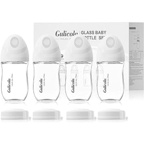 Natural Glass Baby Bottle 4 Pack, Newborn Breastfeeding Bottles Set, Extra Slow Flow Nipples (SS), Anti Colic, 0 Months+, 5 oz - White