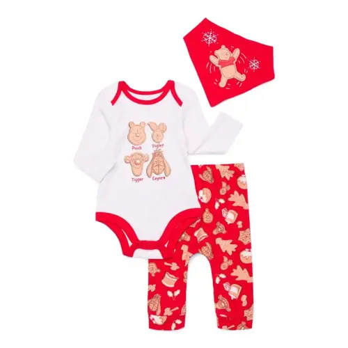 Character Infant Baby Holiday Take Me Home, Bib, Long-Sleeve Bodysuit, and Pants Outfit Set, 3-Piece Sizes Newborn-12 Months
