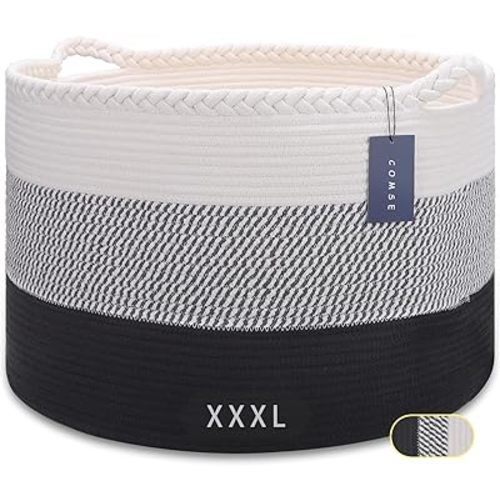 COMSE Extra Large Blanket Basket, Woven Laundry Basket, 21.7”x 13.8”, Nursery Hamper, Cotton Rope Laundry Hamper Living Room for Storage Toys Clothes Towels (White &Gray &Black)
